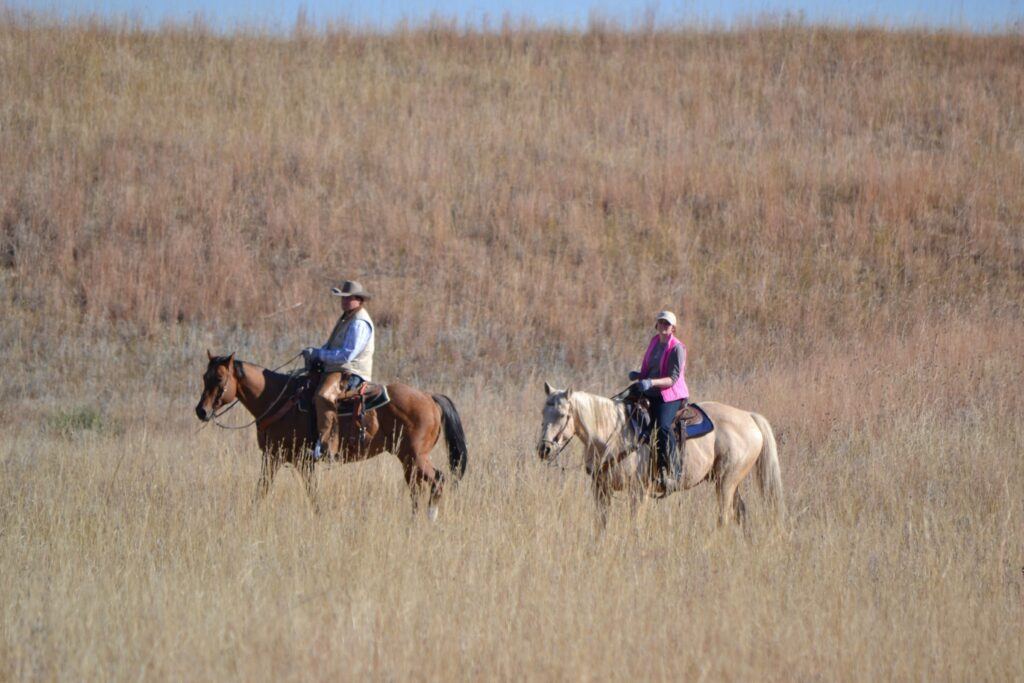 man and woman on horseback in pasture