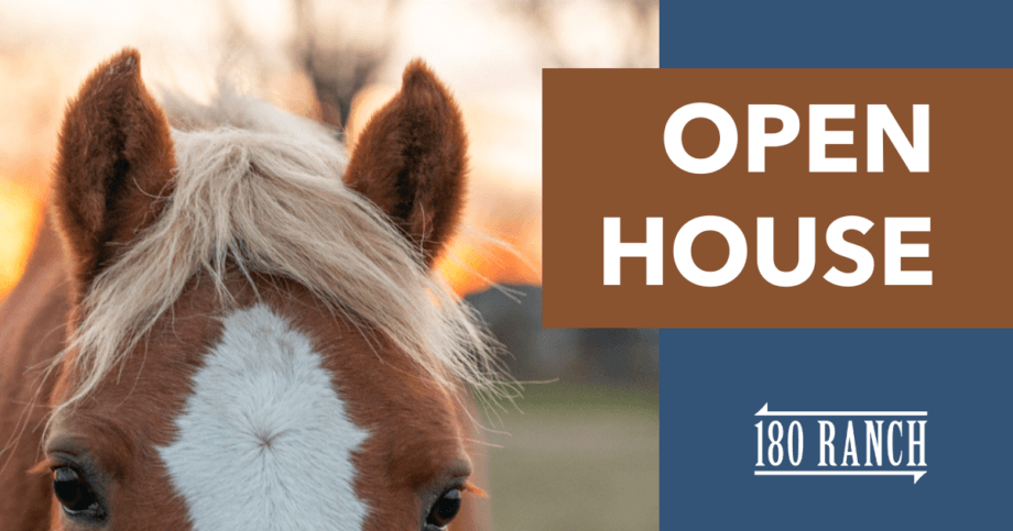 Graphic of horse's ears with text that says "Open House" and a logo that says "180 Ranch."