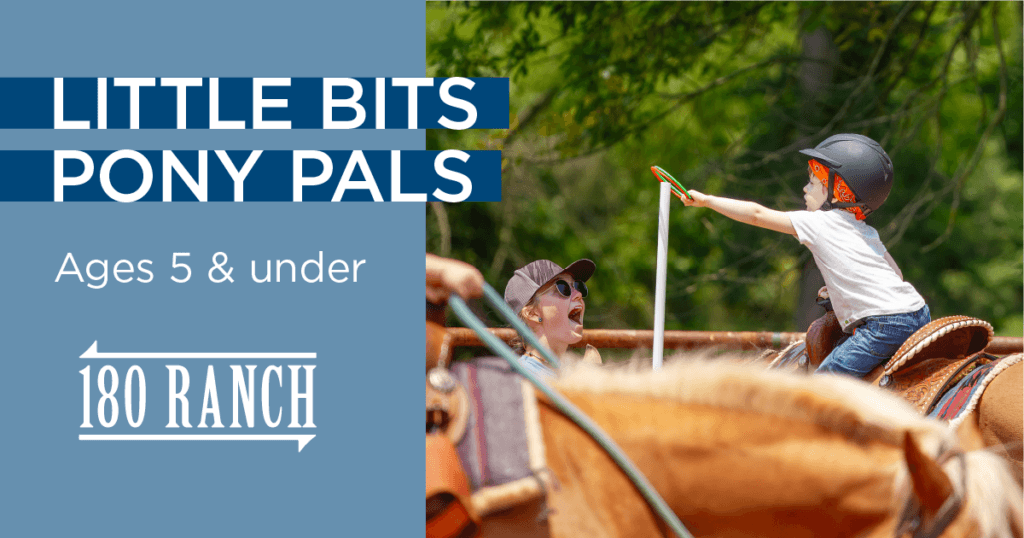 Young child riding a horse reaches to put a small plastic ring around an upright pole